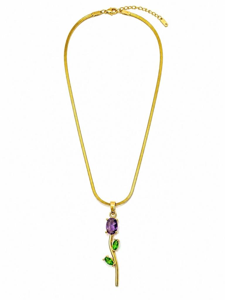 18K Gold Plated Stone Floral Pendant Necklace : AKN051