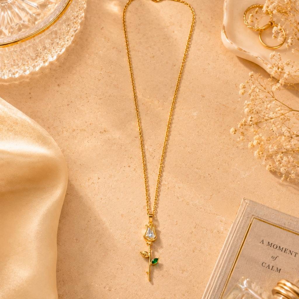 18K Gold Plated Rose Floral Pendant Drop Necklace : AKN053