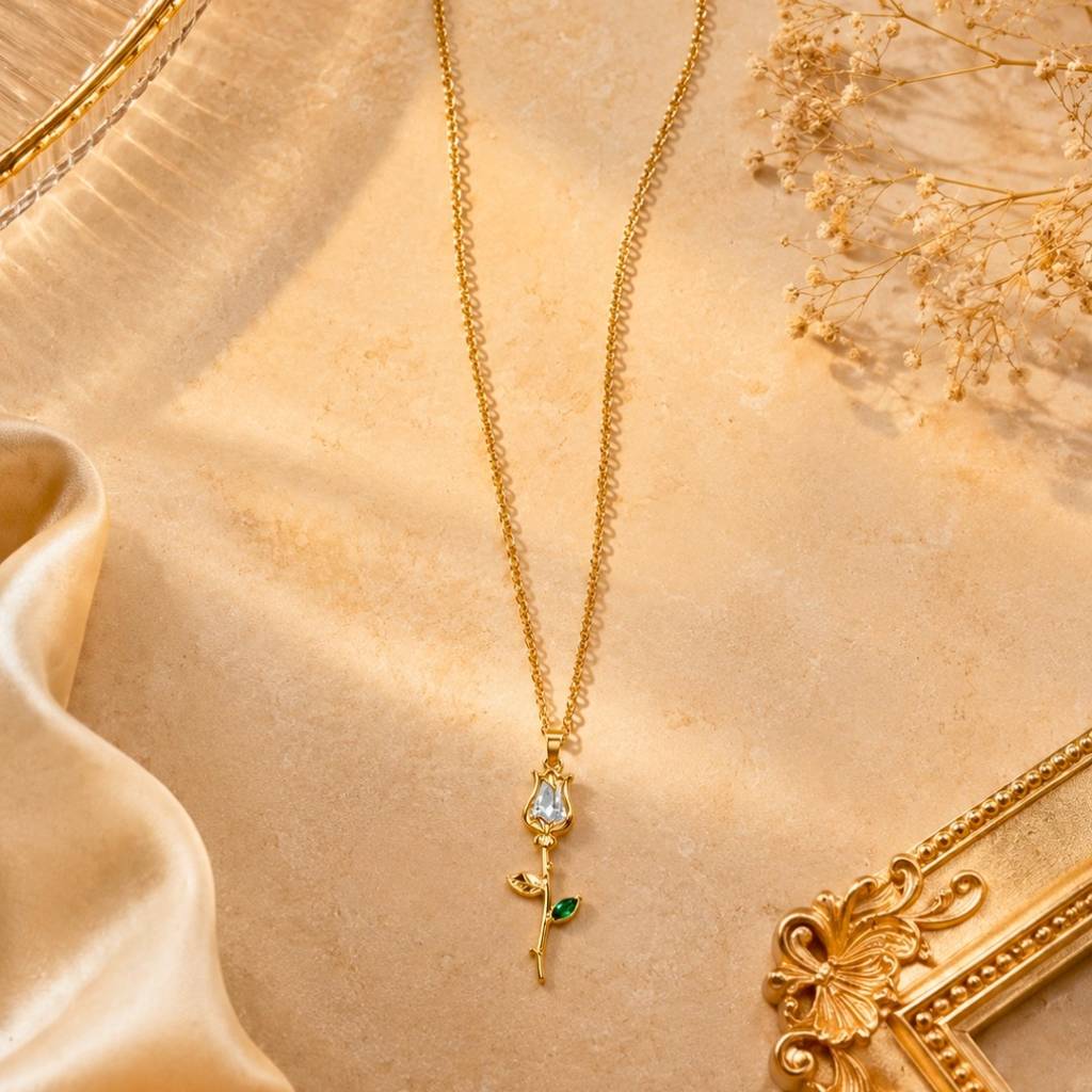 18K Gold Plated Rose Floral Pendant Drop Necklace : AKN053