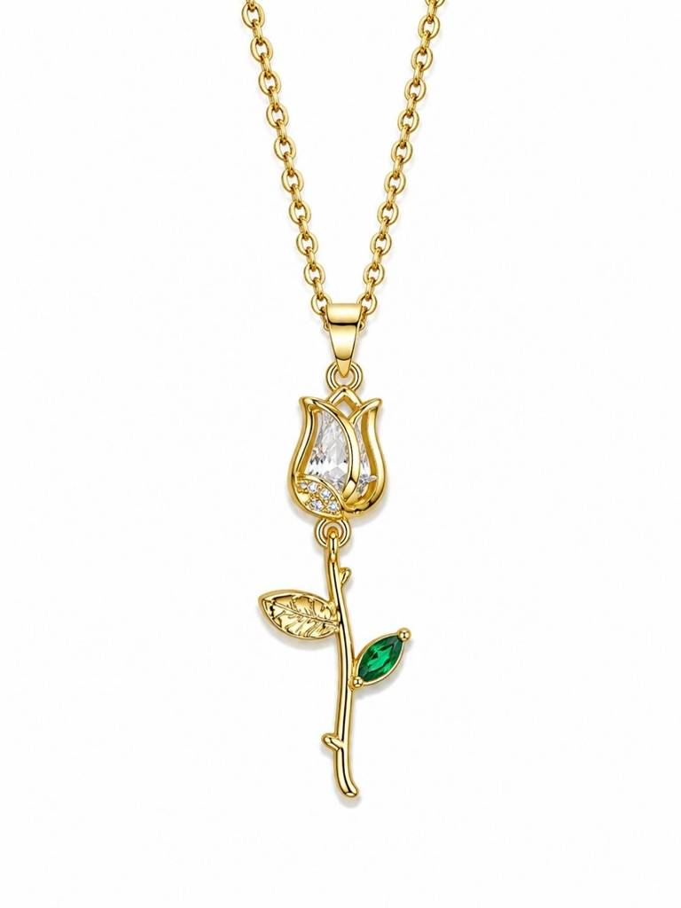 18K Gold Plated Rose Floral Pendant Drop Necklace : AKN053