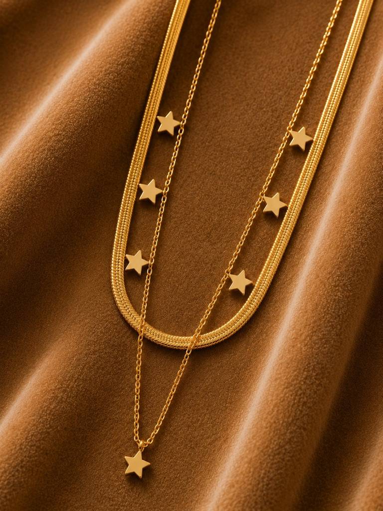 18K Gold Plated Layered Star Charm Necklace : AKN056