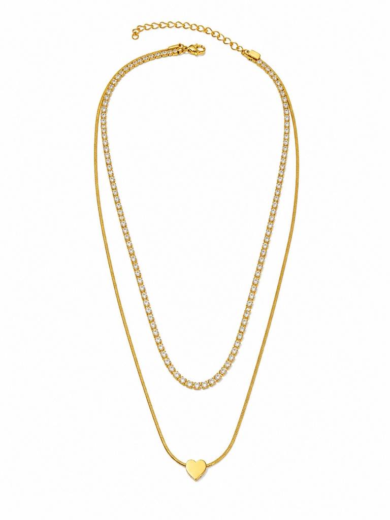 18K Gold Plated Double Layer Ad Heart Necklace : AKN058
