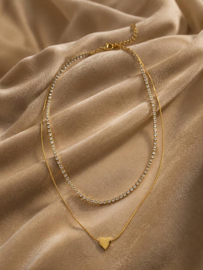 18K Gold Plated Double Layer Ad Heart Necklace : AKN058