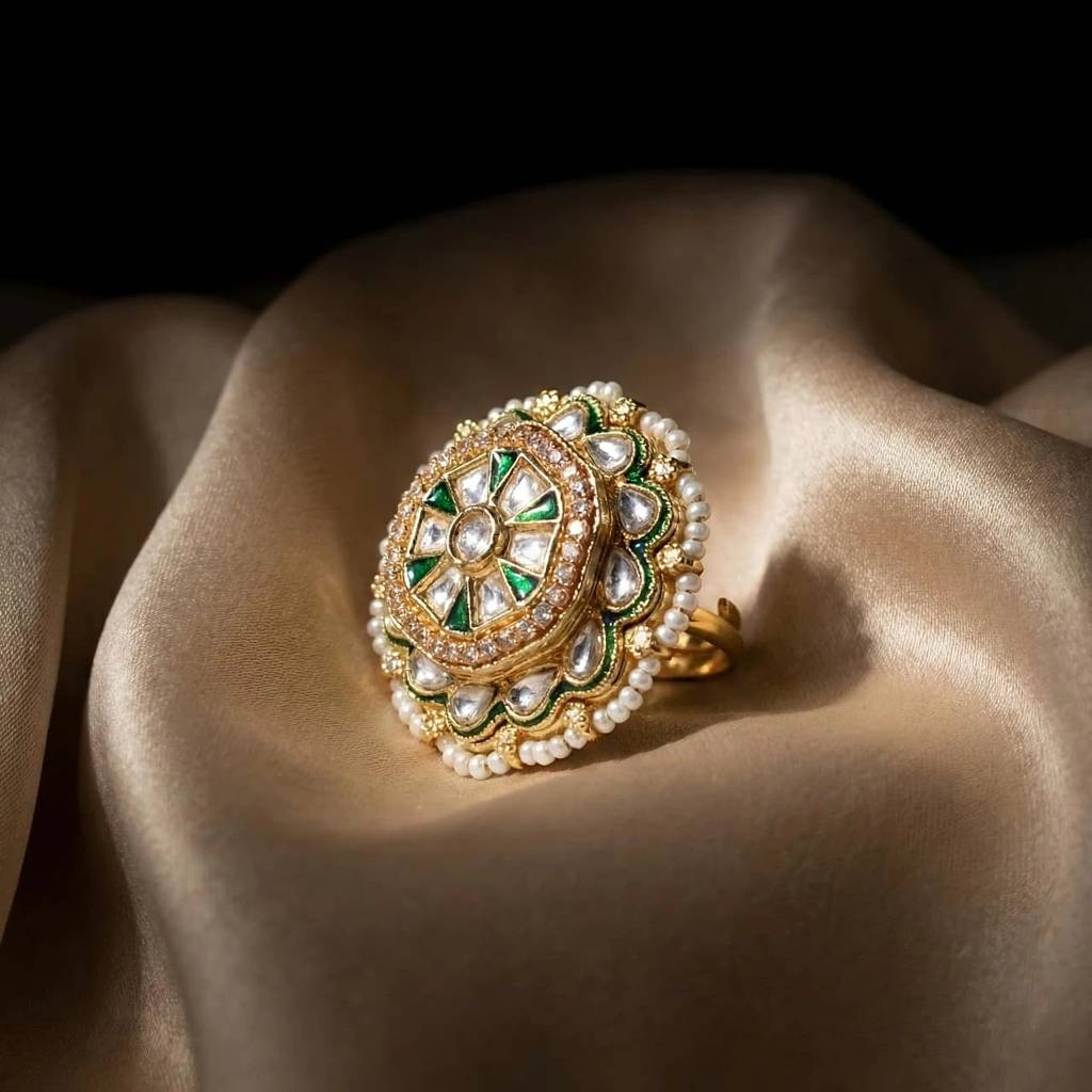 Meenakari Kundan Moissanite Polki Rajwadi Adjustable Ring : AKR001