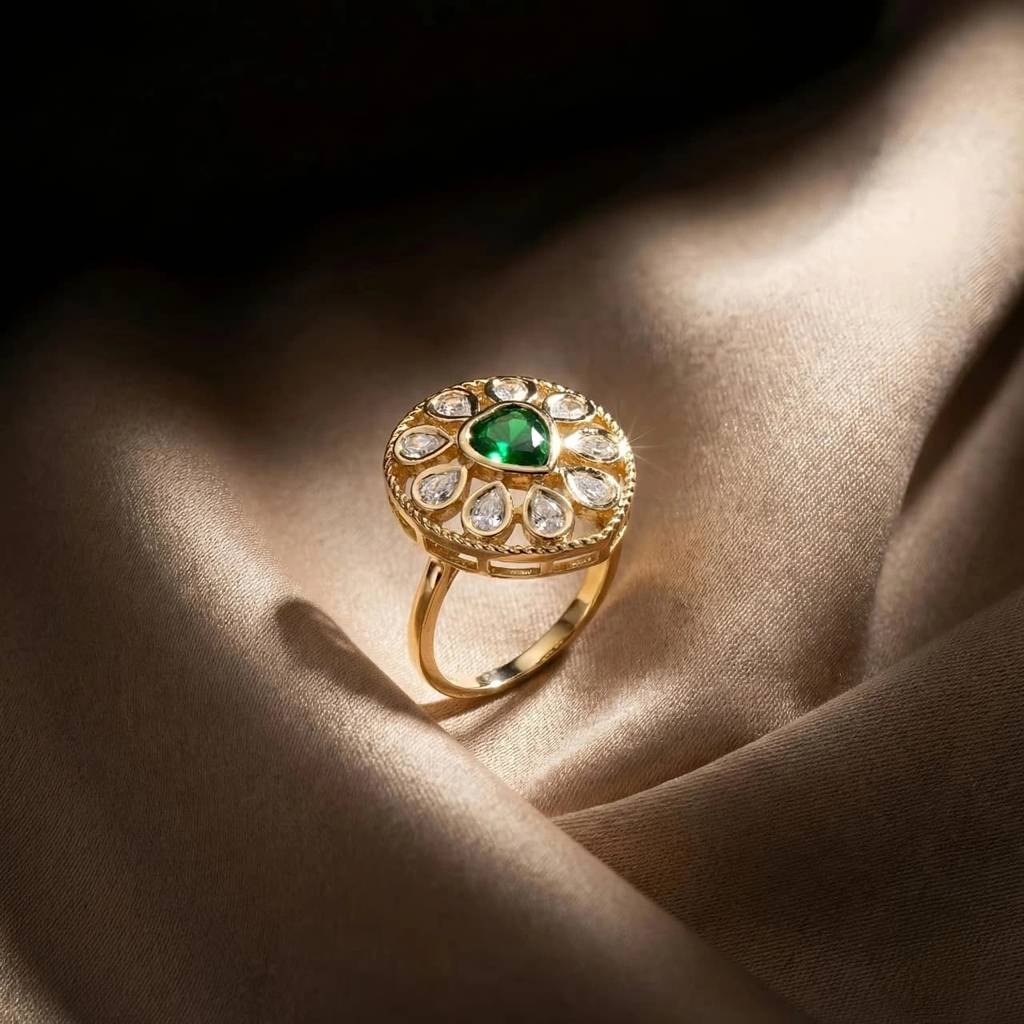 Green Stone Moissanite Kundan Almond Shaped Adjustable Ring : AKR008