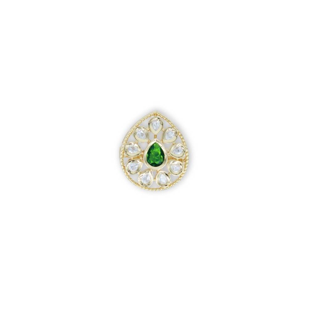 Green Stone Moissanite Kundan Almond Shaped Adjustable Ring : AKR008