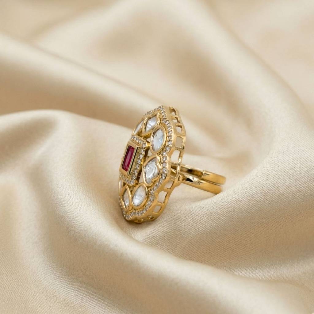 Moissanite Polki Red Stone Cz Adjustable Ring : AKR009