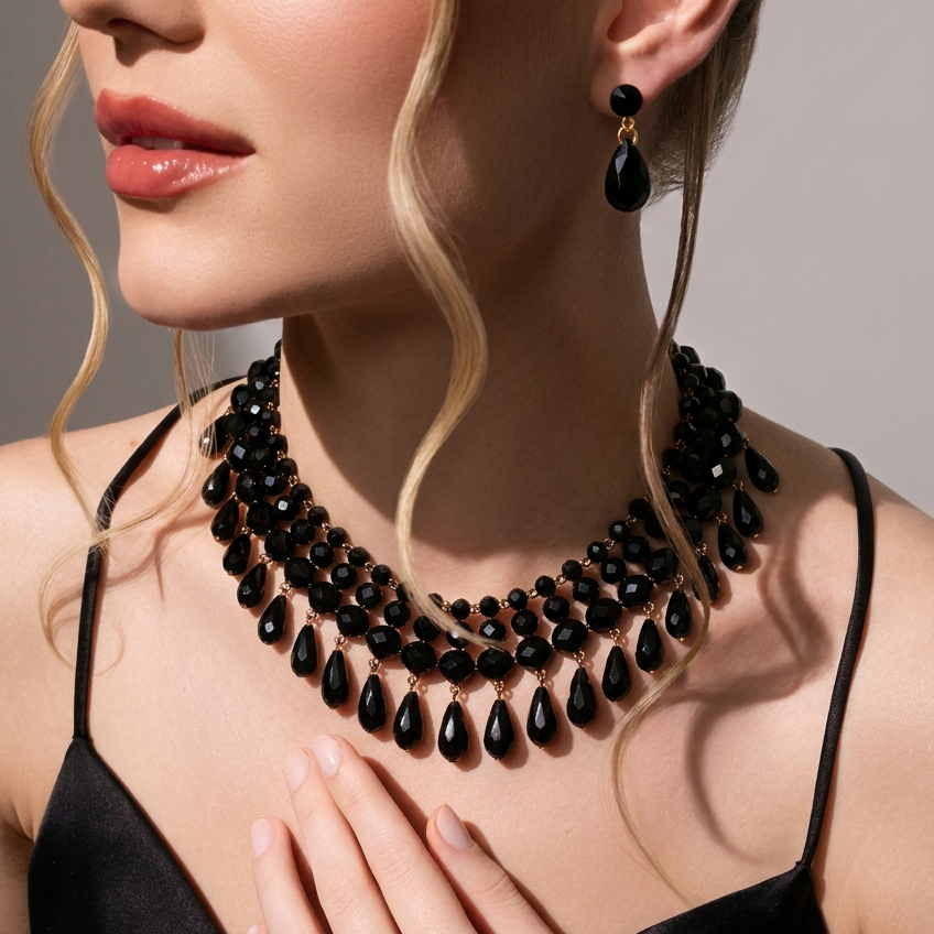Partywear Black Crystal Necklace & Earrings Set For Women & Girls, Bianca Noir Crystal Drop Set : AMA-BIANCA-SET