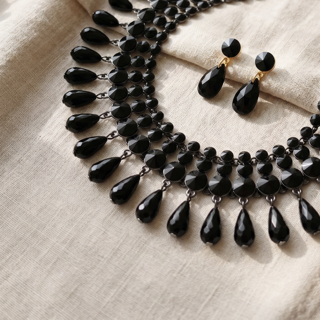 Partywear Black Crystal Necklace & Earrings Set For Women & Girls, Bianca Noir Crystal Drop Set : AMA-BIANCA-SET