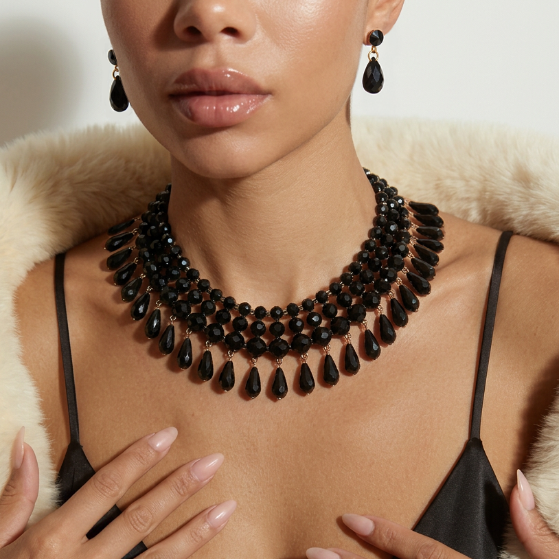 Partywear Black Crystal Necklace & Earrings Set For Women & Girls, Bianca Noir Crystal Drop Set : AMA-BIANCA-SET