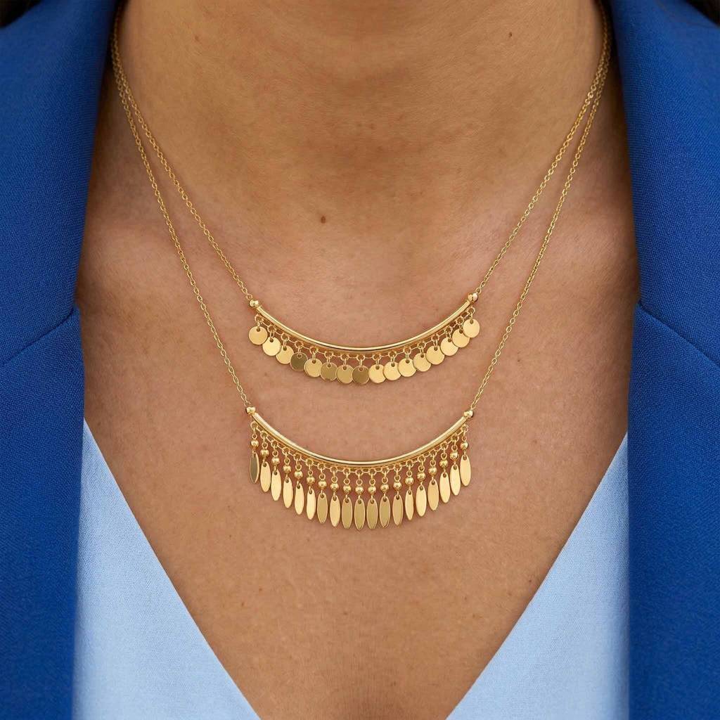 Gold Plated Stacking Chain Necklaces For Women And Girls, Calista Fringe Necklace (Set Of 2) : AMA-CALISTA-SET-NECKLACE