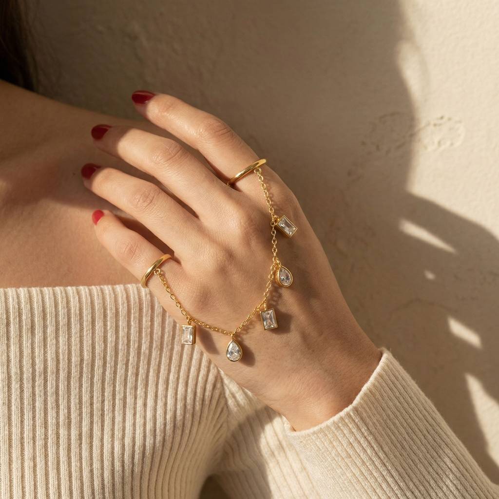 Gold Plated Chain Ring For Women And Girls, Cleo Drizzle Adjustable Chain Ring : AMA-CLEOCHAIN-RING