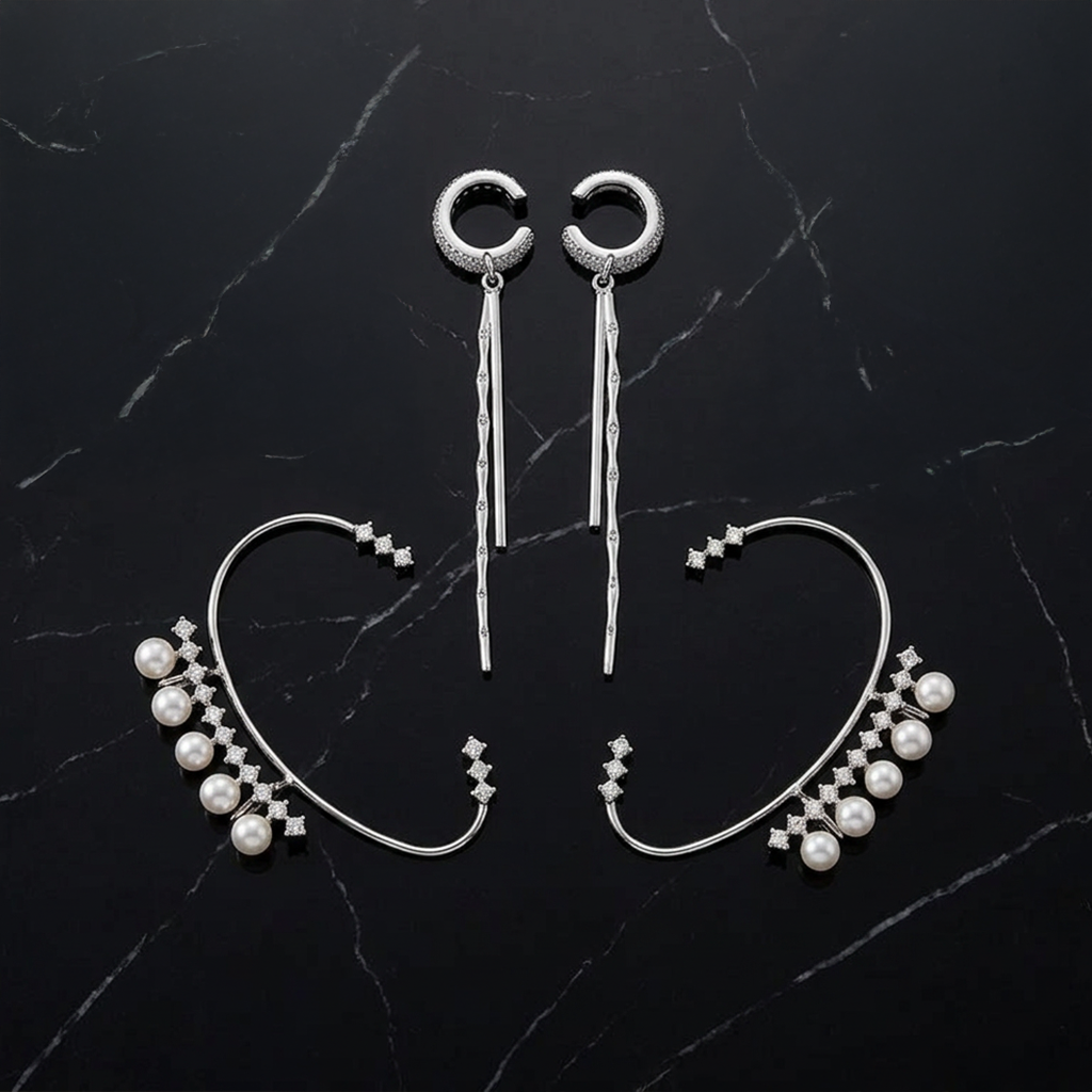 Combo Of 2 Earrings - Silver Plated Ear Cuffs & Long Bar Earrings For Women & Girls, No Pierc : AMA-DIANA-EAR-CUFF-CRYTSALDROP