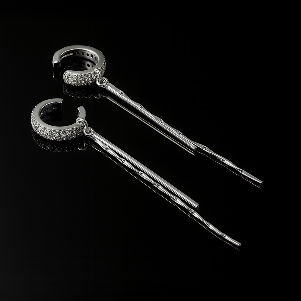 Combo Of 2 Earrings - Silver Plated Ear Cuffs & Long Bar Earrings For Women & Girls, No Pierc : AMA-DIANA-EAR-CUFF-CRYTSALDROP