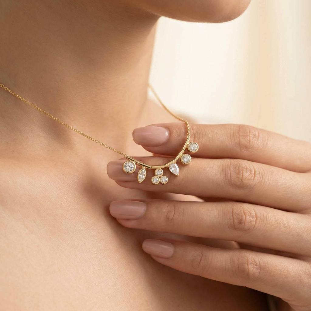 Gold Plated Stone Necklace For Women And Girls, Lunessa Crystal Arc Necklace : AMA-LUNESSA-ARC-NECKLACE