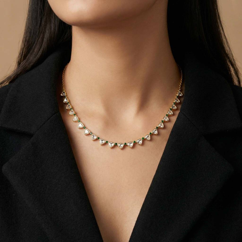 Gold Plated Triangular Stone Necklace For Women And Girls, Nira Multicoloured Necklace : AMA-NIRA-CHOKER-TRIANGLE