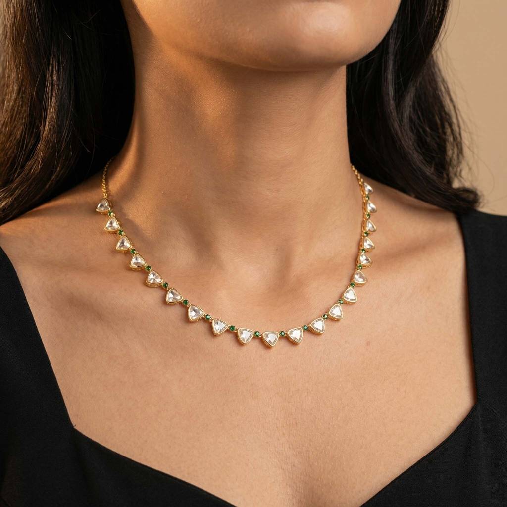 Gold Plated Triangular Stone Necklace For Women And Girls, Nira Multicoloured Necklace : AMA-NIRA-CHOKER-TRIANGLE
