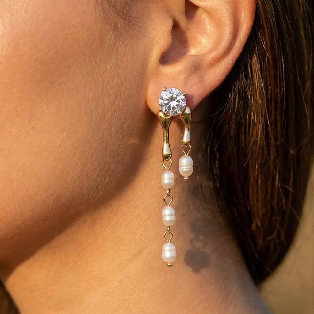 Gold Plated Long Earrings For Women And Girls - 1 Earring, 3 Styles, Noor Luxe Pearl Drop Earrings : AMA-NOOR-LUXE-EARRINGS