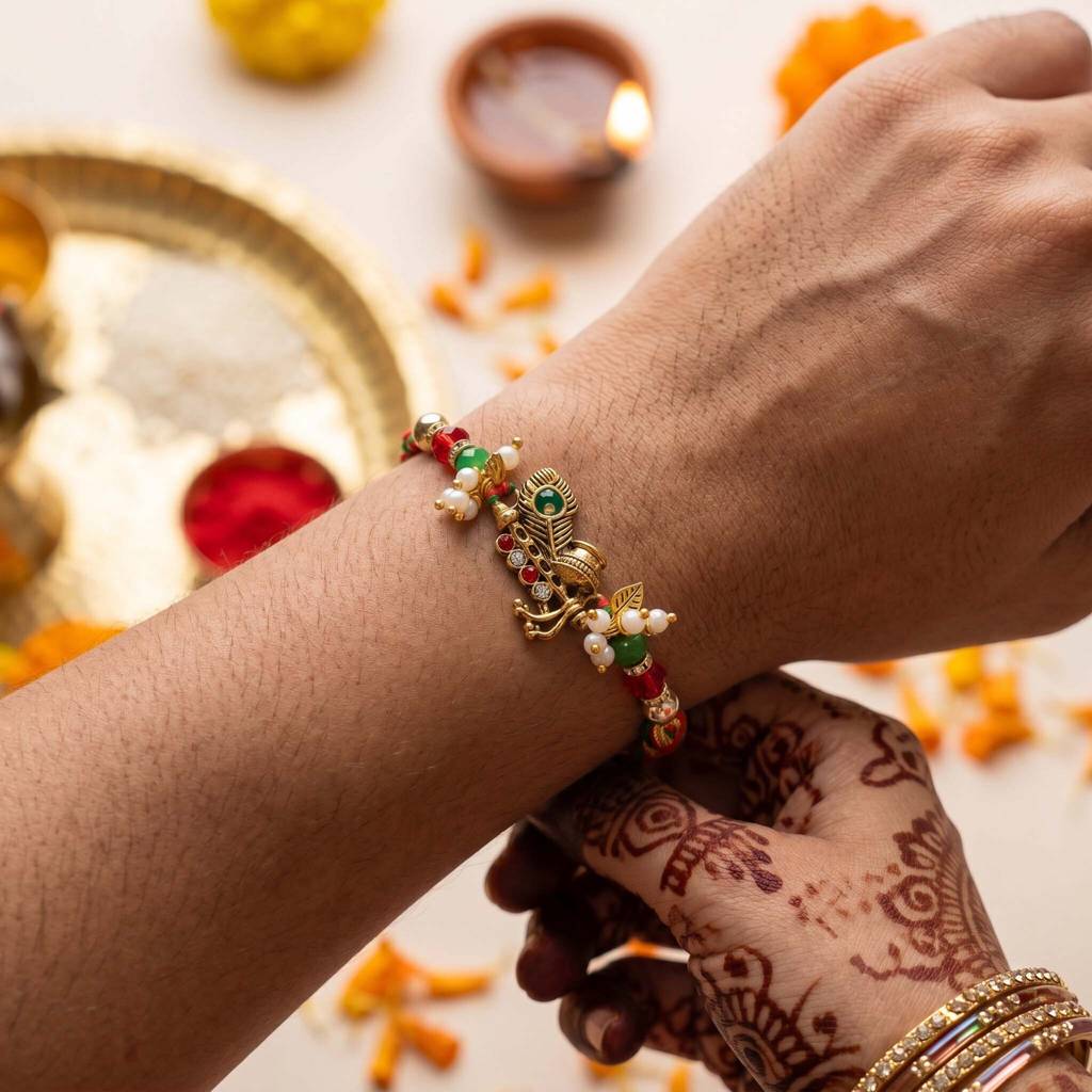 Matching Bhaiya Bhabhi Designer Gold-Tone Rakhi Set Of 2 | Aaravya Bandhan Rakhi Set : AMA-RAKHI-AARAVYA