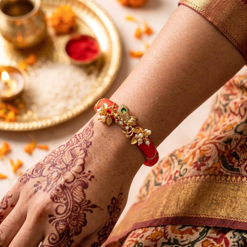 Matching Bhaiya Bhabhi Designer Gold-Tone Rakhi Set Of 2 | Aaravya Bandhan Rakhi Set : AMA-RAKHI-AARAVYA