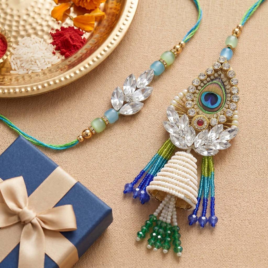 Eternz Certified Jewellery - AMALFA Matching Bhaiya Bhabhi Krishna Theme Hanging Pearl Rakhi Set Of 2