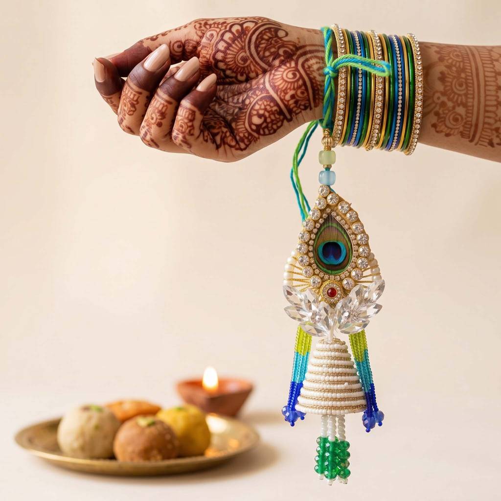 Matching Bhaiya Bhabhi Krishna Theme Hanging Pearl Rakhi Set Of 2 | Mayurika Rakhi Set : AMA-RAKHI-MAYURIKA