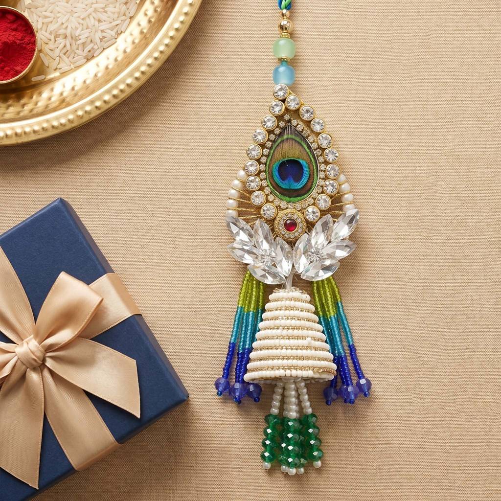 Matching Bhaiya Bhabhi Krishna Theme Hanging Pearl Rakhi Set Of 2 | Mayurika Rakhi Set : AMA-RAKHI-MAYURIKA