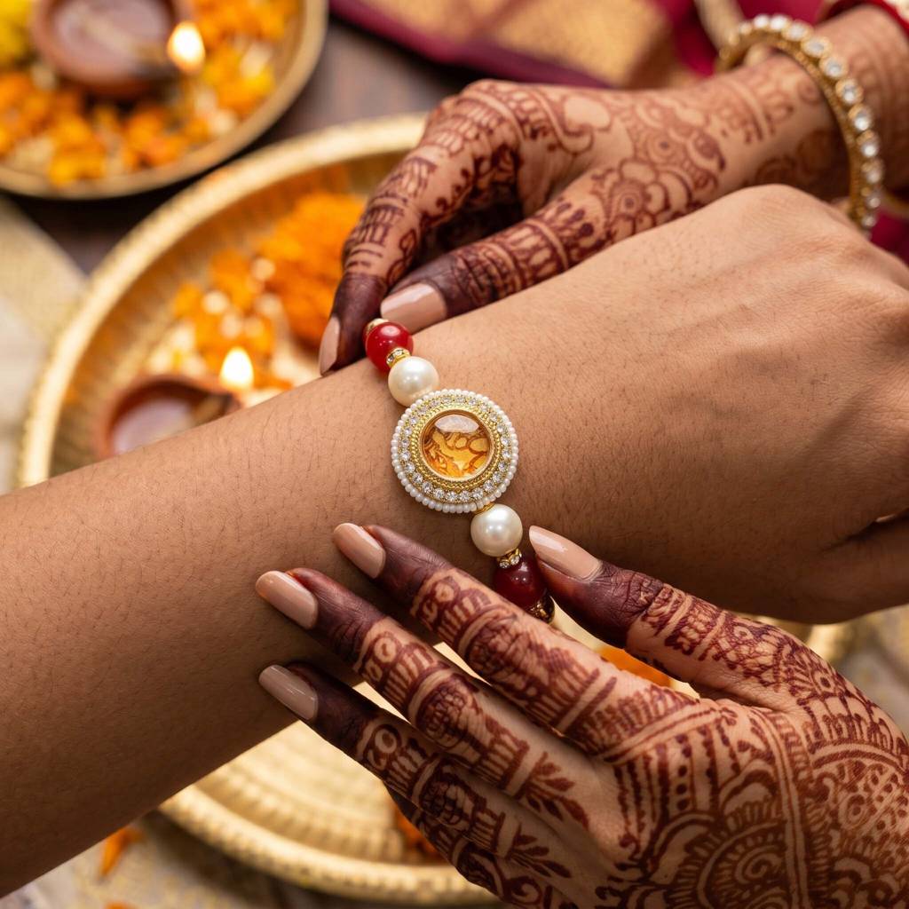 Matching Bhaiya Bhabhi Designer Gold-Tone Rakhi Set Of 2 | Ratnarekha Rakhi Bracelet Set : AMA-RAKHI-RATNAREKHA