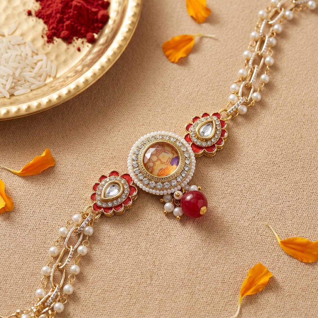 Matching Bhaiya Bhabhi Designer Gold-Tone Rakhi Set Of 2 | Ratnarekha Rakhi Bracelet Set : AMA-RAKHI-RATNAREKHA