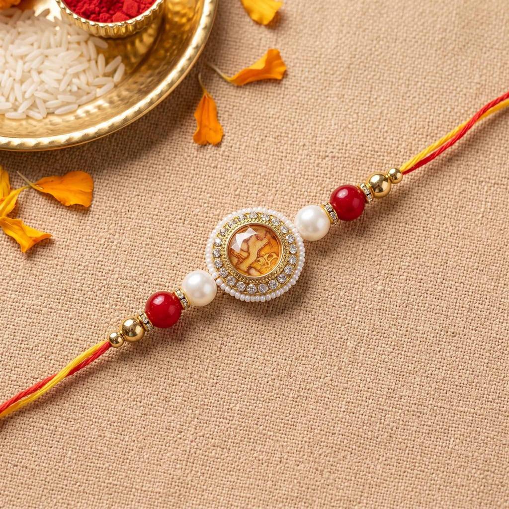 Matching Bhaiya Bhabhi Designer Gold-Tone Rakhi Set Of 2 | Ratnarekha Rakhi Bracelet Set : AMA-RAKHI-RATNAREKHA