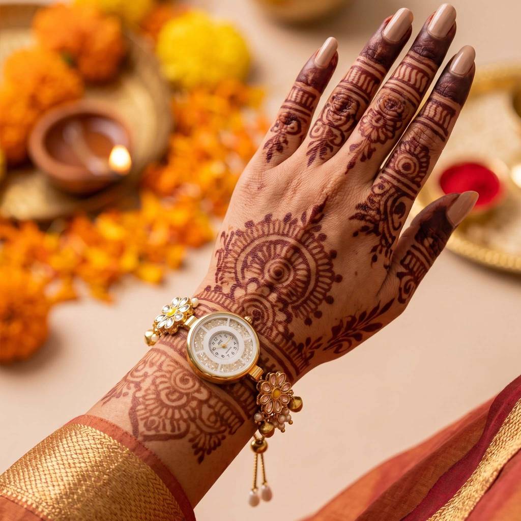 Matching Bhaiya Bhabhi Watch-Style Designer Rakhi Set Of 2 | Soleil Rakhi Watch Set : AMA-RAKHI-SOLEIL