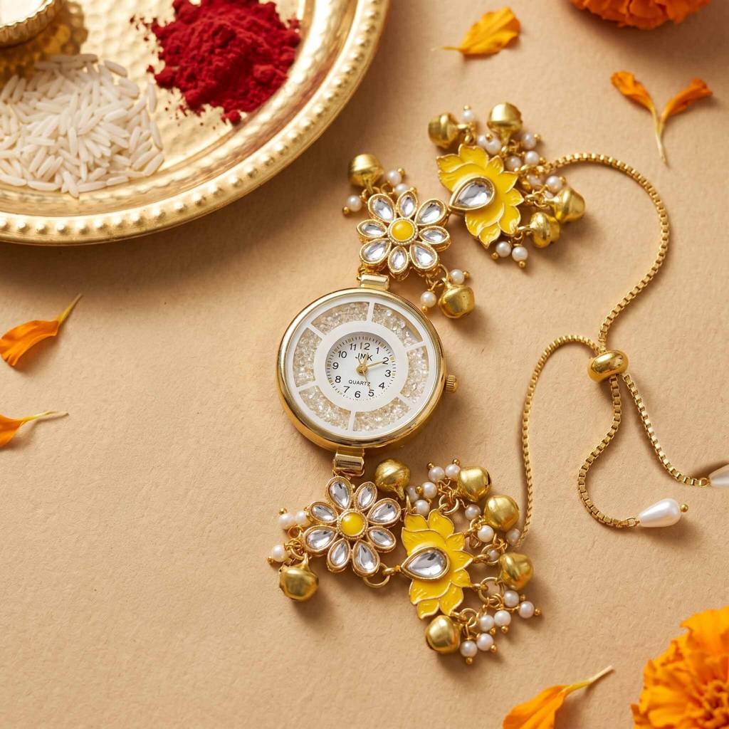 Matching Bhaiya Bhabhi Watch-Style Designer Rakhi Set Of 2 | Soleil Rakhi Watch Set : AMA-RAKHI-SOLEIL