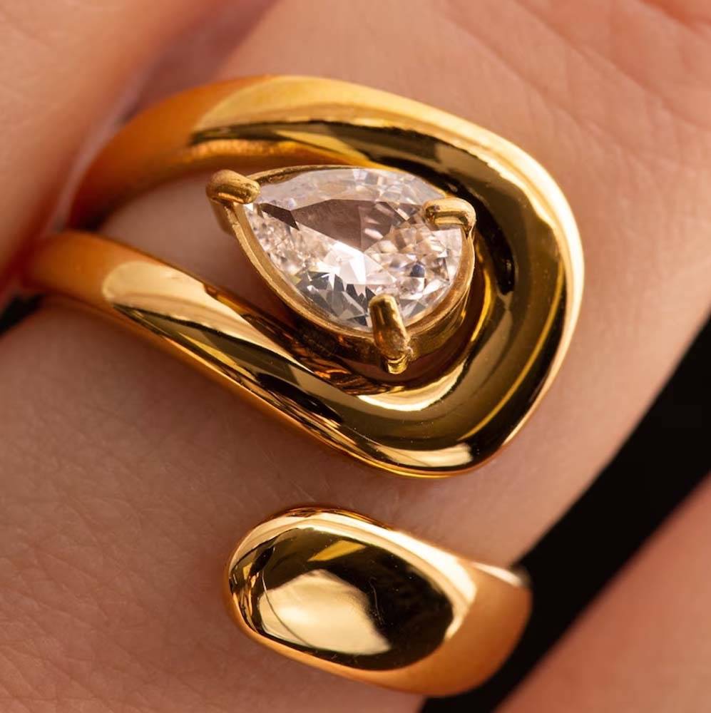 Gold Plated Adjustable Ring For Women And Girls, Pear-Cut Swirl Open Ring : AMAPEACUT