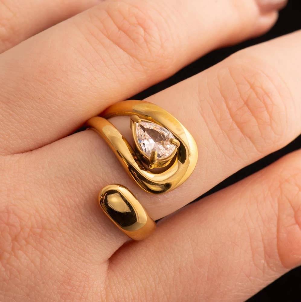 Gold Plated Adjustable Ring For Women And Girls, Pear-Cut Swirl Open Ring : AMAPEACUT