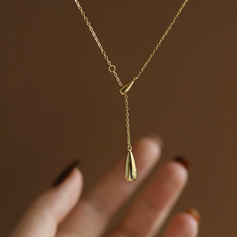18K Plated Waterproof Anti-Tarnish Minimal Tear Drop Lariat Necklace : ALS0725N524G