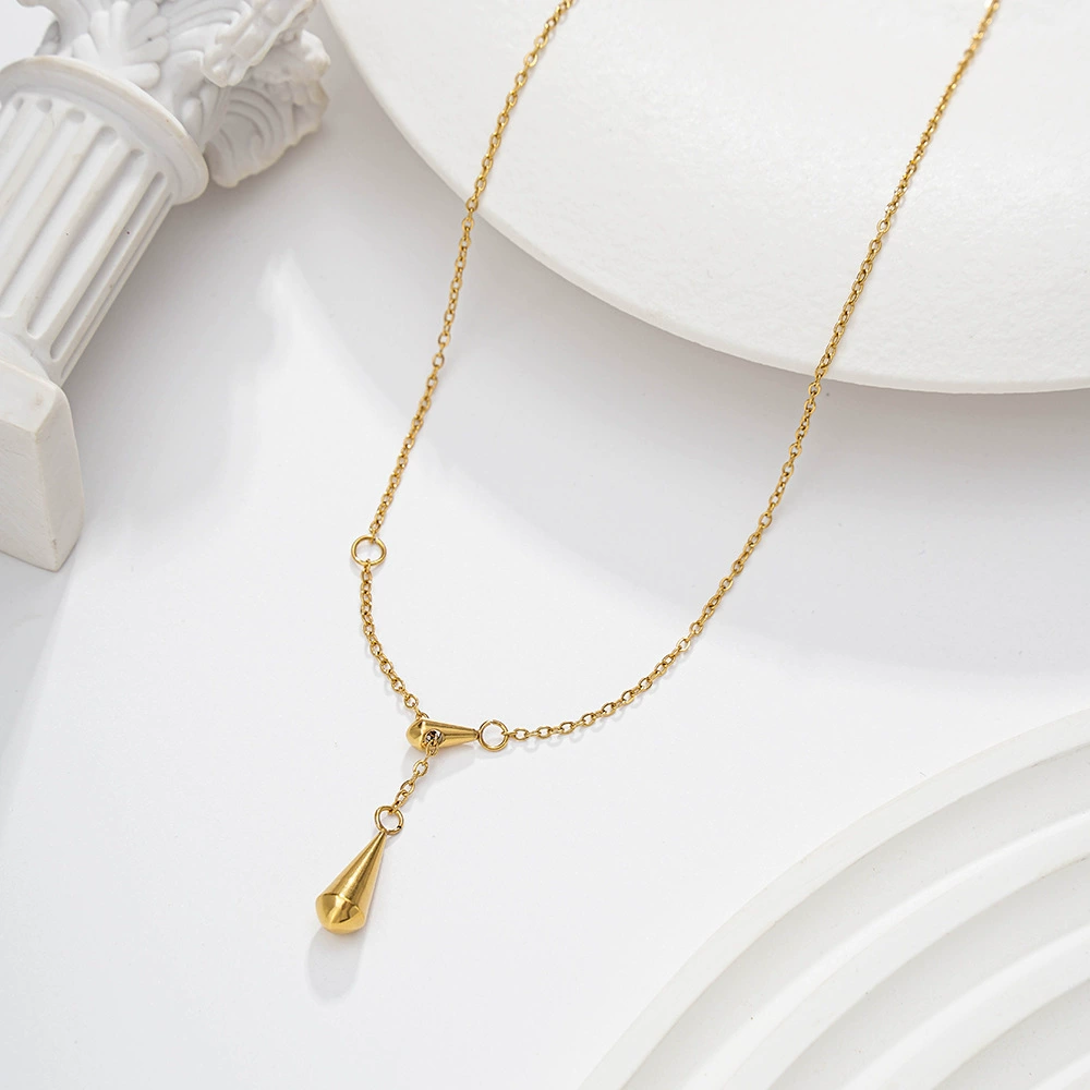 18K Plated Waterproof Anti-Tarnish Minimal Tear Drop Lariat Necklace : ALS0725N524G