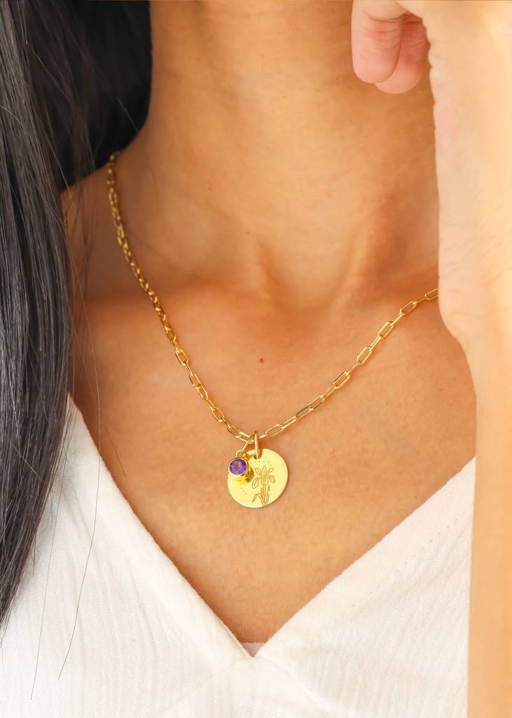 February Iris Birth Flower Necklace In 18K Gold Plated Over 925 Silver With Amethyst Birthstone : AN10392