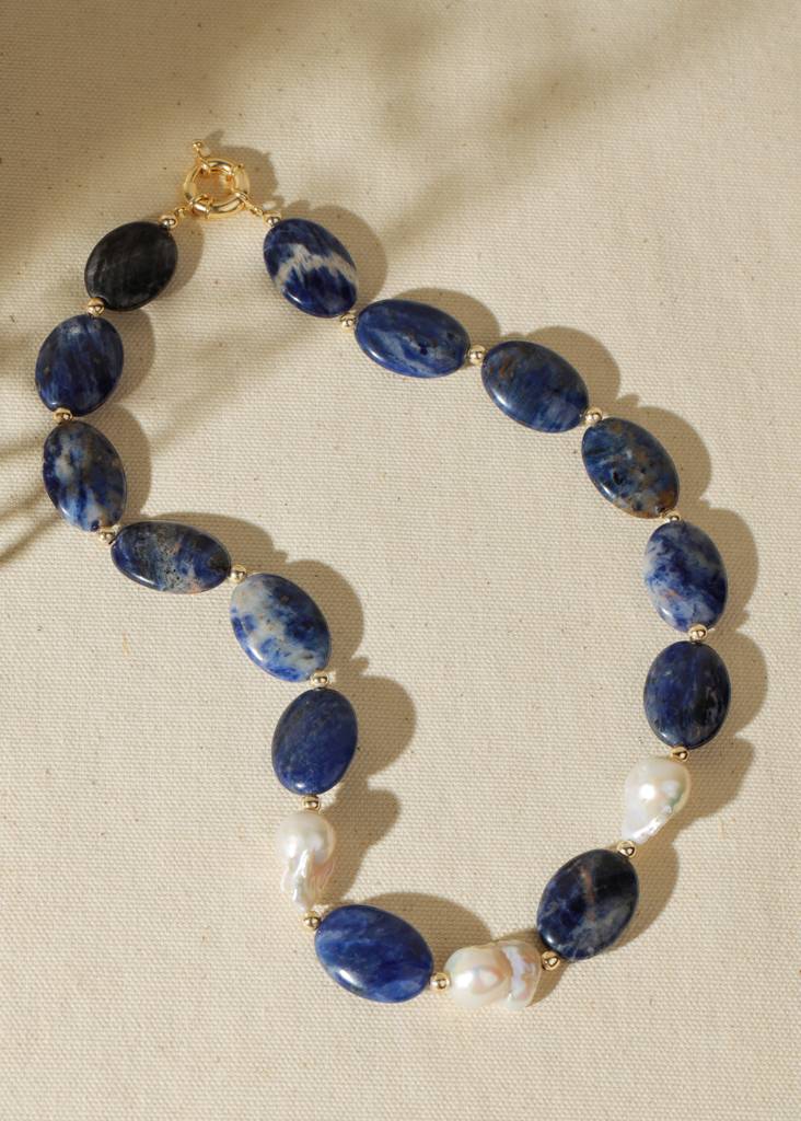 Power Pebbles - Ocean Sky Elegance Pearl & Lapis Chunky Beaded Necklace : AN10488