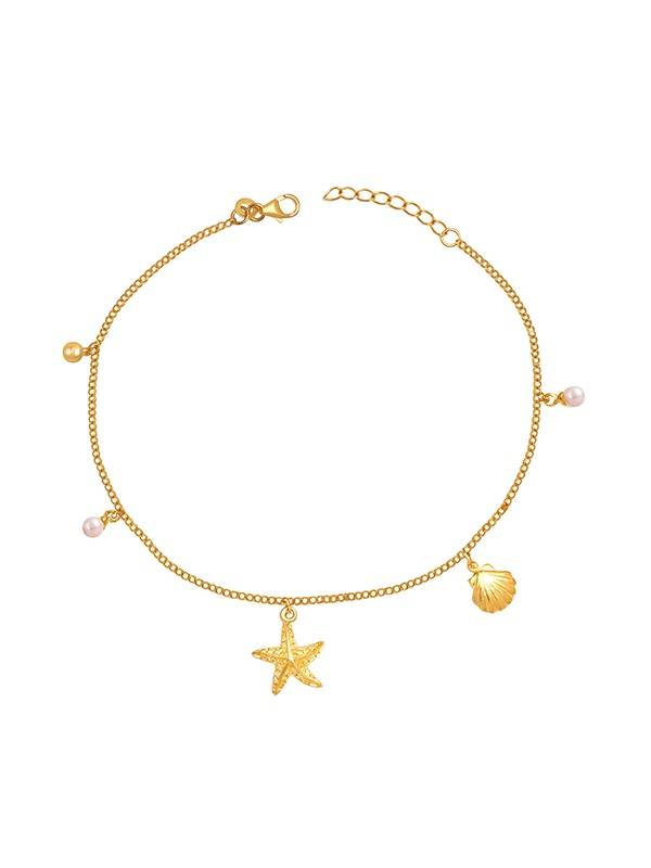 Ocean Whispers Gold-Plated Starfish & Seashell Charm Anklet : AN130111S10HIM1FG