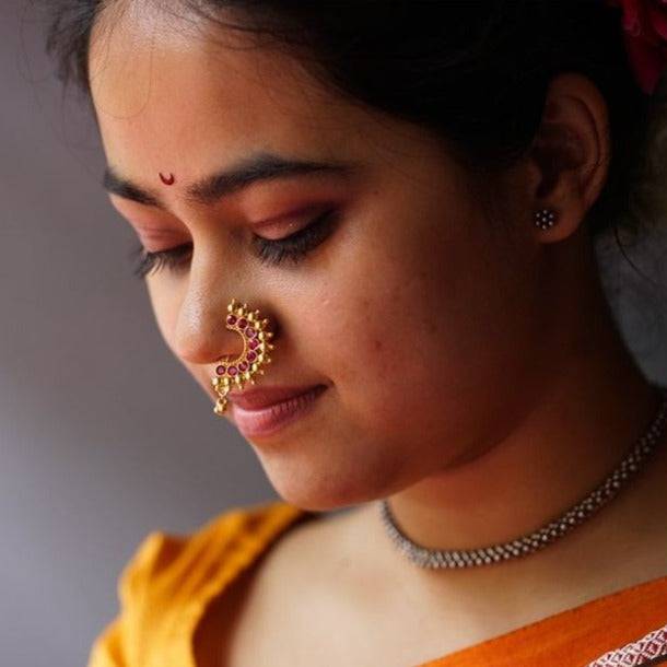 Karwar Nath : Pink (Left)22K Gold Plated : silver_nath_karwar_pink_left_clipon_gold_plated