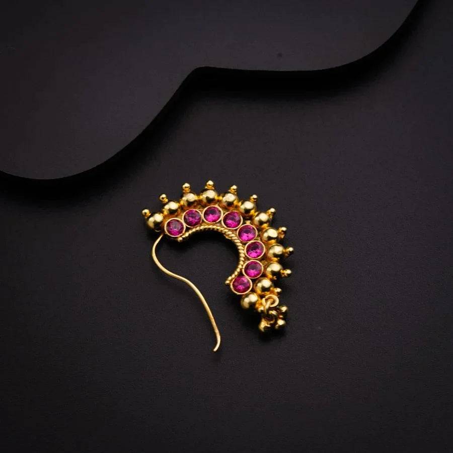 Karwar Nath : Pink (Left)22K Gold Plated : silver_nath_karwar_pink_left_pierced_gold_plated