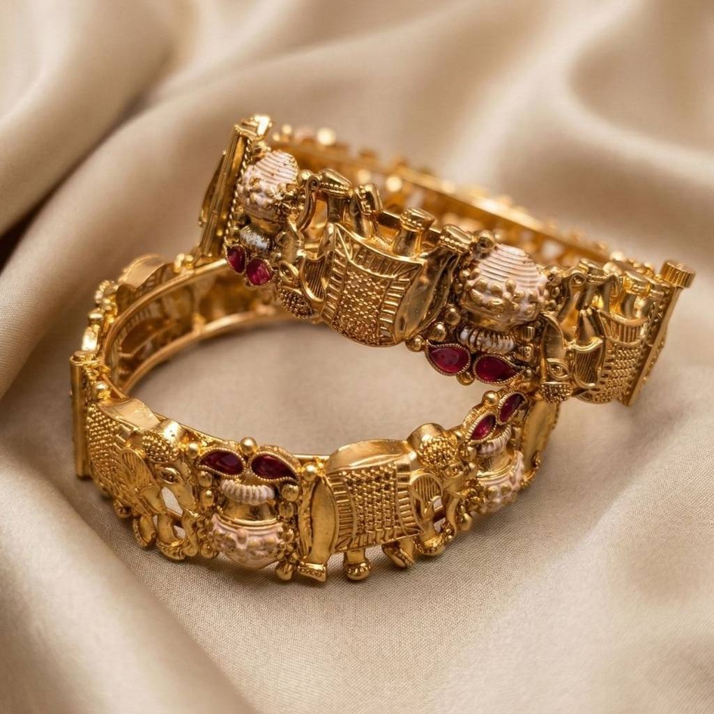 Gold-Plated Meenakari Elephant Design Motif Kada Screw-Openable Bangles, Set Of 2 : ANKK-B-010