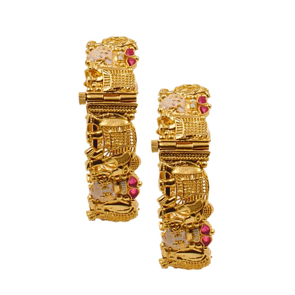 Gold-Plated Meenakari Elephant Design Motif Kada Screw-Openable Bangles, Set Of 2 : ANKK-B-010