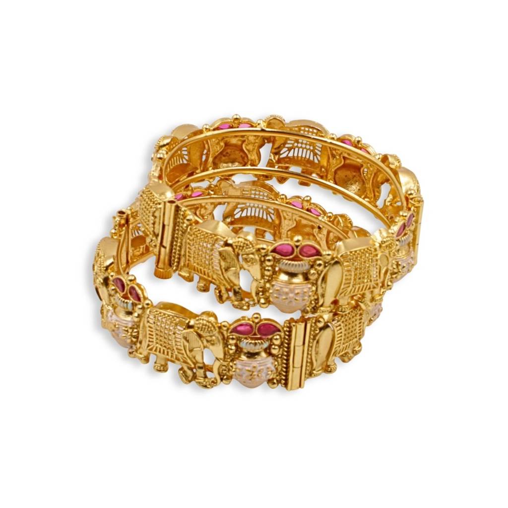 Gold-Plated Meenakari Elephant Design Motif Kada Screw-Openable Bangles, Set Of 2 : ANKK-B-010
