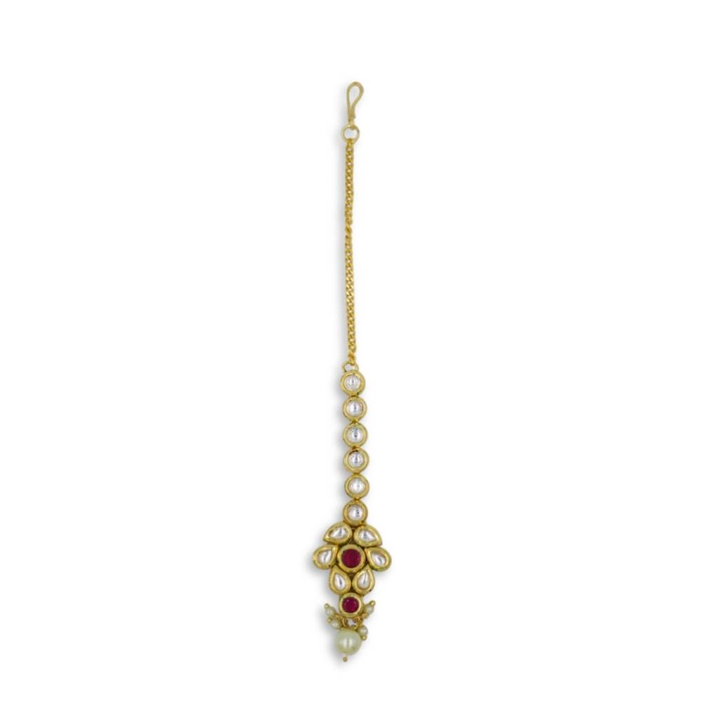 Gold Plated Meenakari Kundan Maangtikka With Red Stone & Pearl Drops : ANKK-M-004