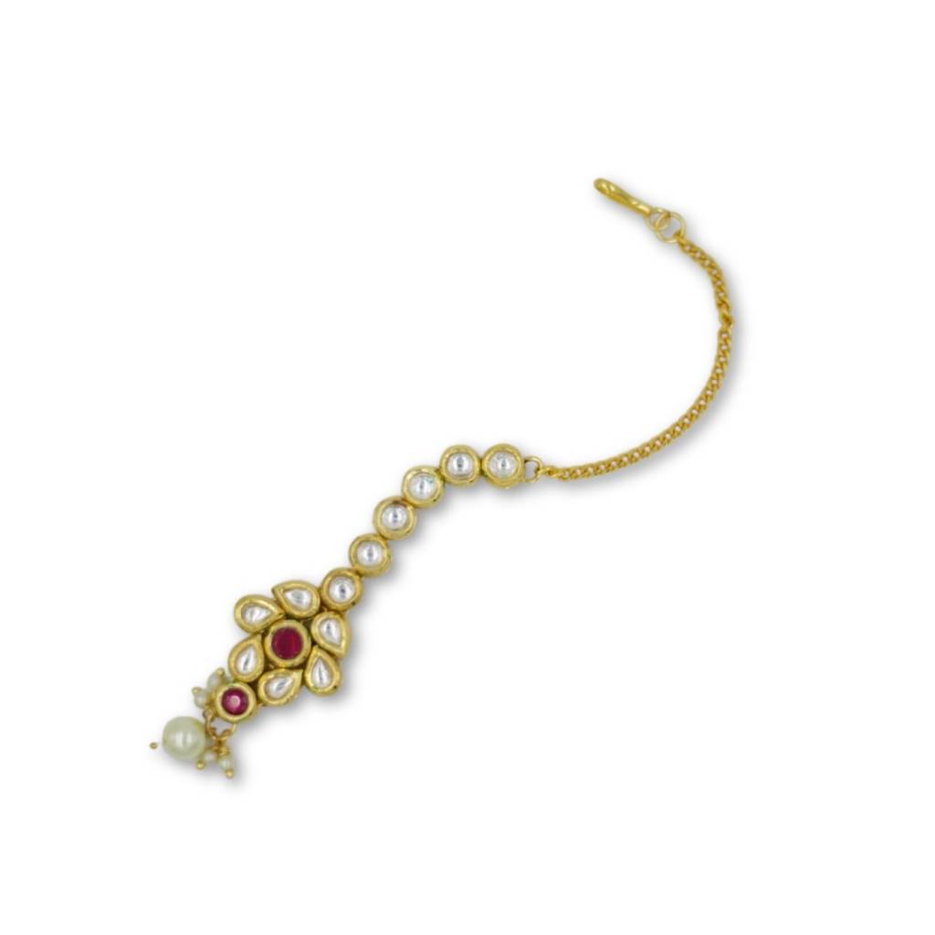 Gold Plated Meenakari Kundan Maangtikka With Red Stone & Pearl Drops : ANKK-M-004