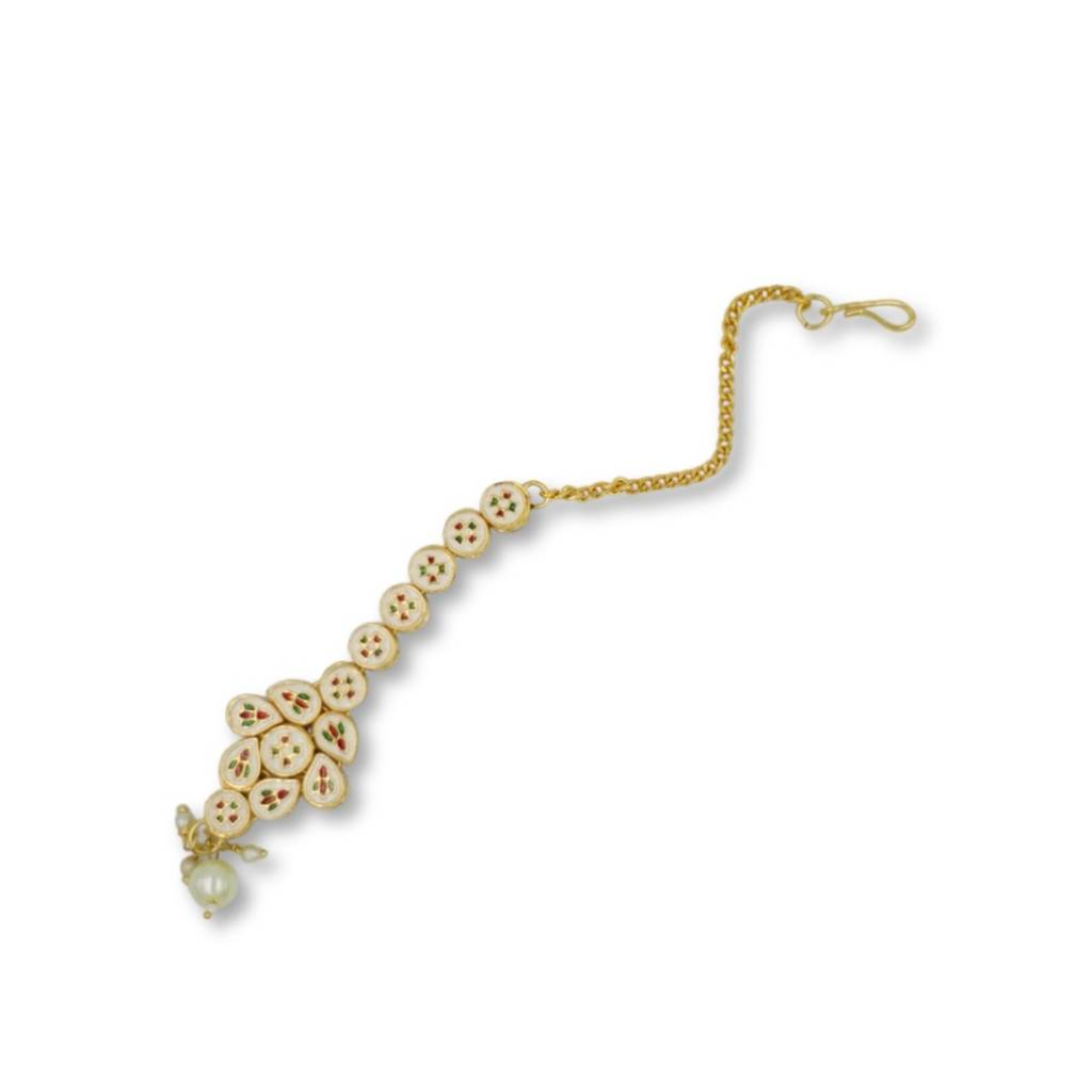 Gold Plated Meenakari Kundan Maangtikka With Red Stone & Pearl Drops : ANKK-M-004
