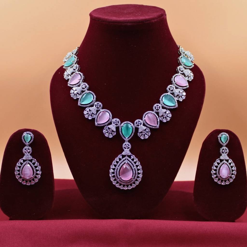 Multi Colour Zircon Pendant Short Necklace : ANKK-N-007