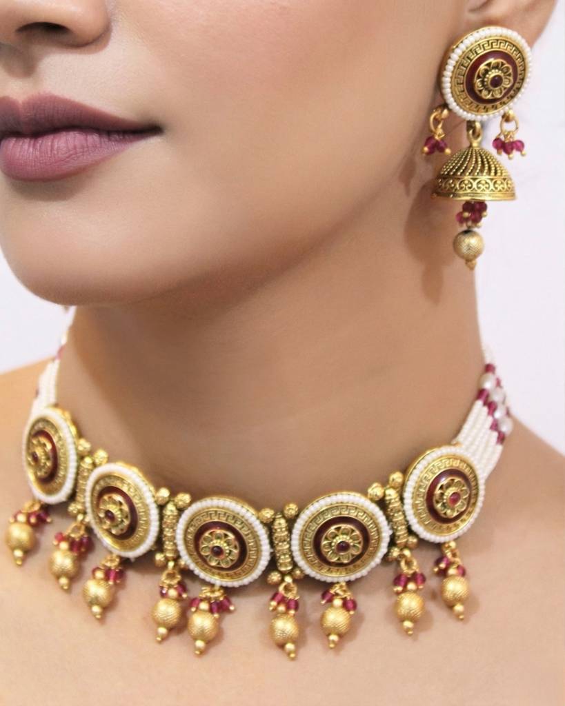 Meenakari Rajwadi Choker Necklace With Synthetic Beads And Stones : ANKK-N-034