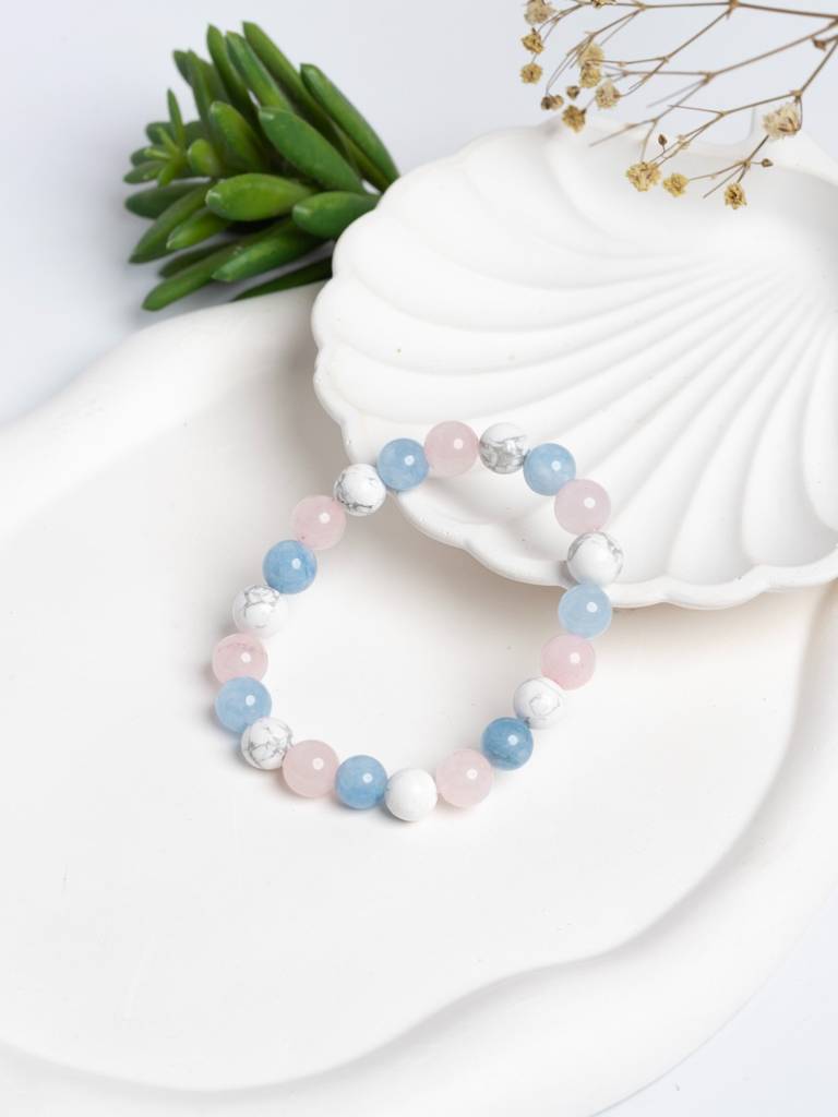 Aquamarine Rose Quartz Howlite Bracelet : LAABL153-65-S